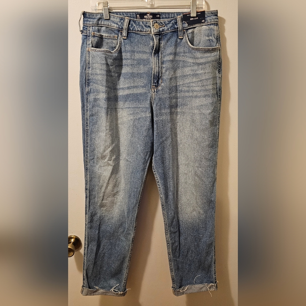 Hollister Ultra High-Rise Mom Stretch Jeans Raw Hem Women's Size 14L 32x30 NWT